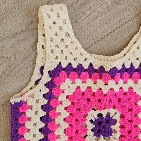 Granny Square Boho Crochet Tank Top Bright Pink And Purple Colors Youth - Picture 9 of 12